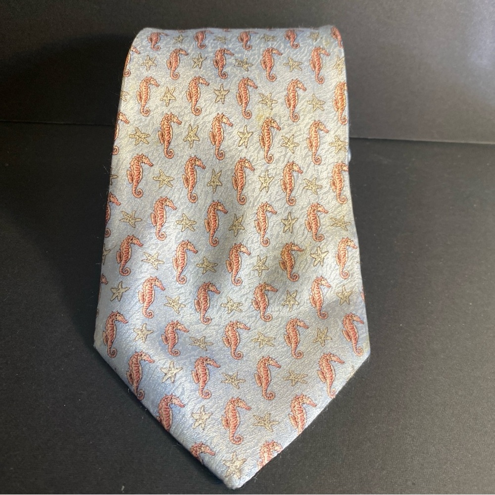 Vintage Campia Moda Light Blue Seahorse All Over Print 100% Silk Necktie